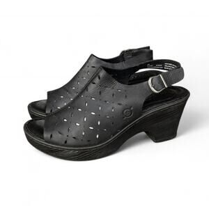 Born Black Leather Slingback Sandals Peep Toe Chunky Heel Women’s Size 8